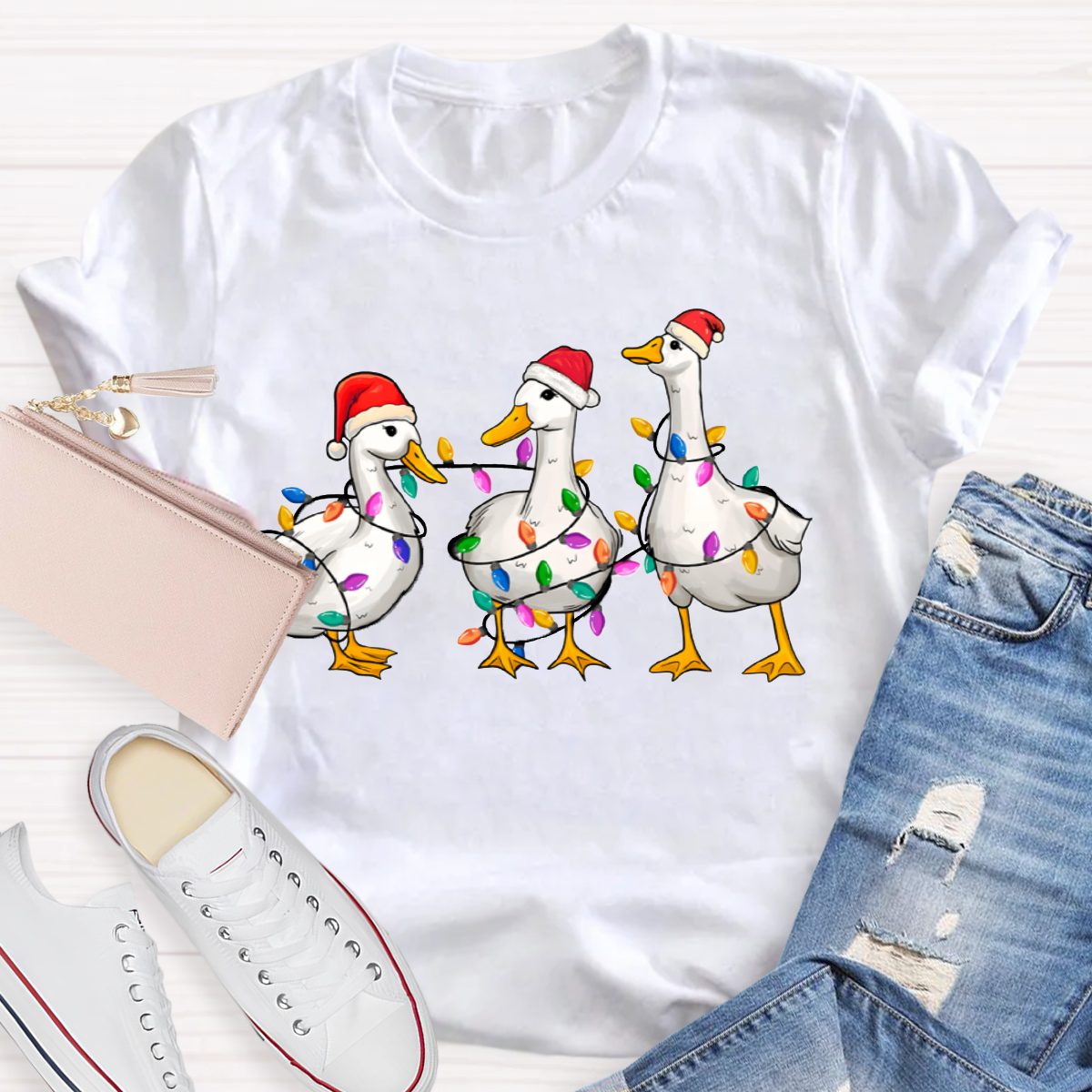 Christmas Ducks With Colorful Lights Teacher T-Shirt