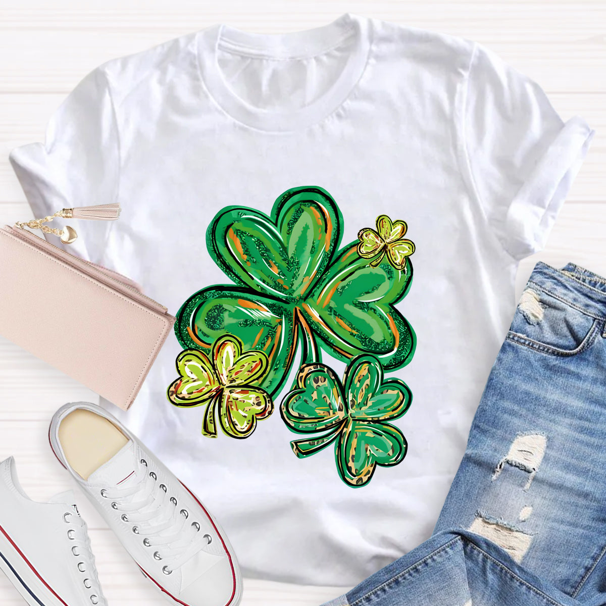 St Patrick's Day Clover Print Teacher T-Shirt