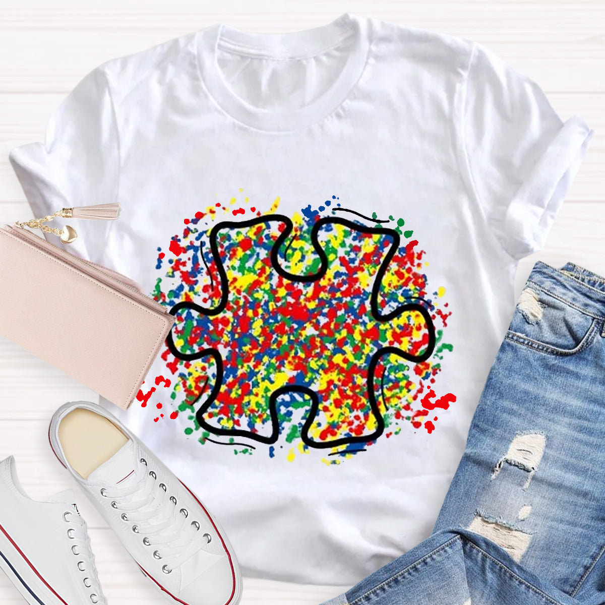 Colorful Autism Puzzle Piece Teacher T-Shirt