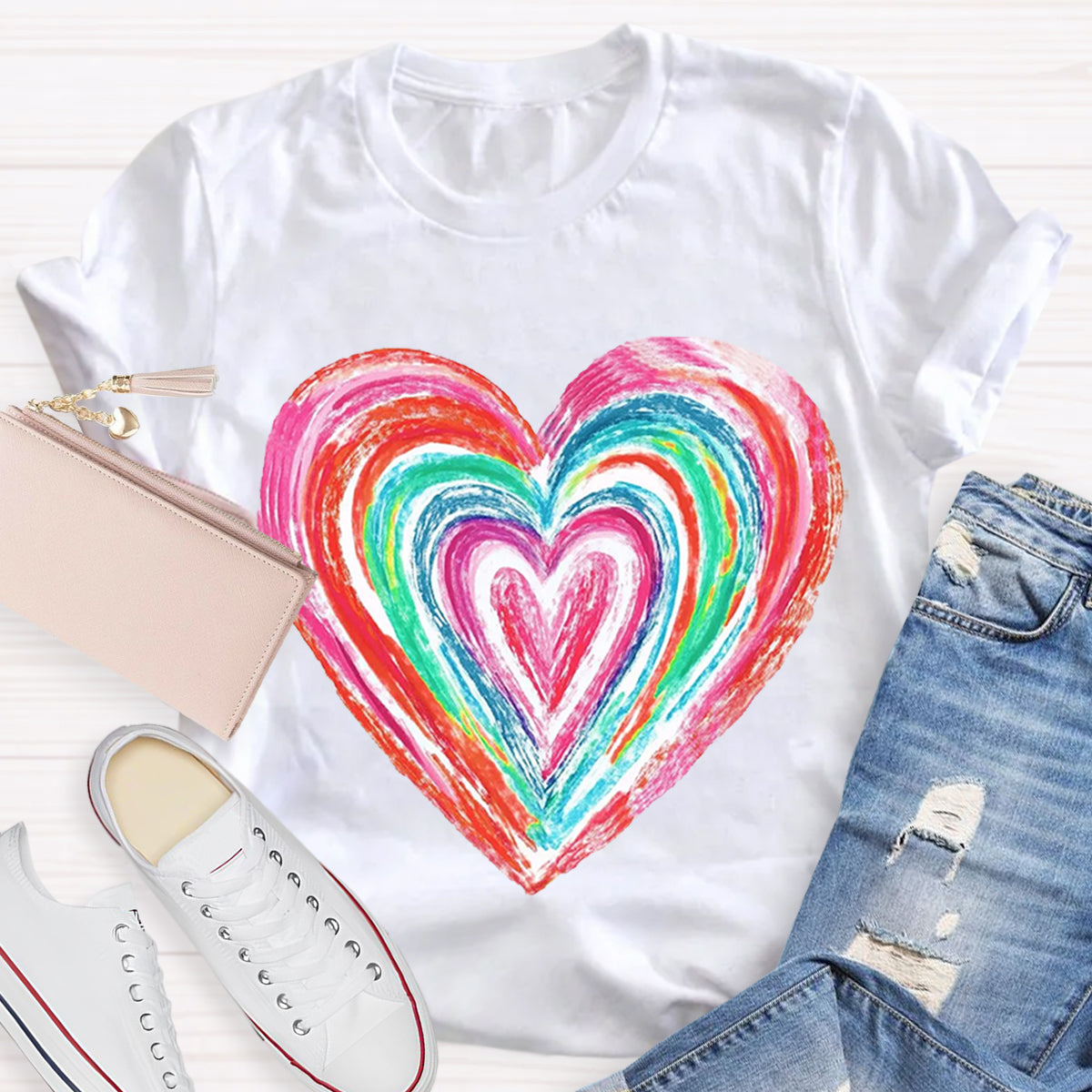 Valentines Colorful Rainbow Heart Teacher T-Shirt