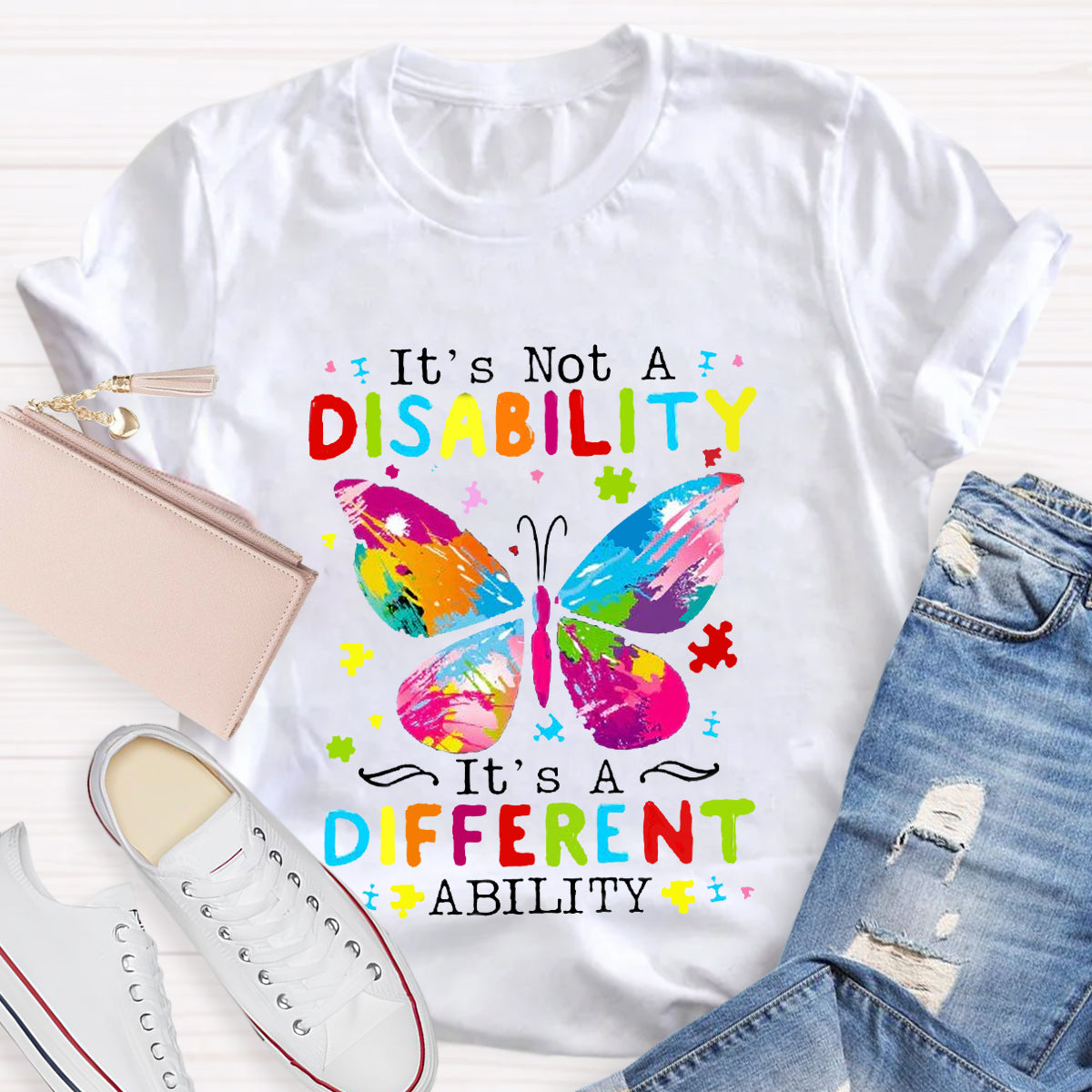 It's Not A Disability It's A Different Ability Puzzle Butterfly Teacher T-Shirt