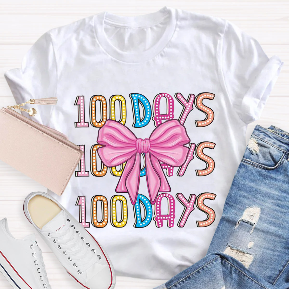 Happy 100 Days Of School  Polka Dot Bow  T-Shirt