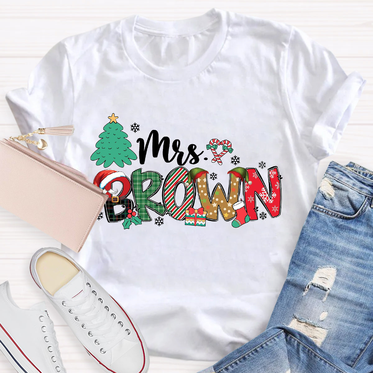 Personalized Name Christmas Tree Teacher T-Shirt