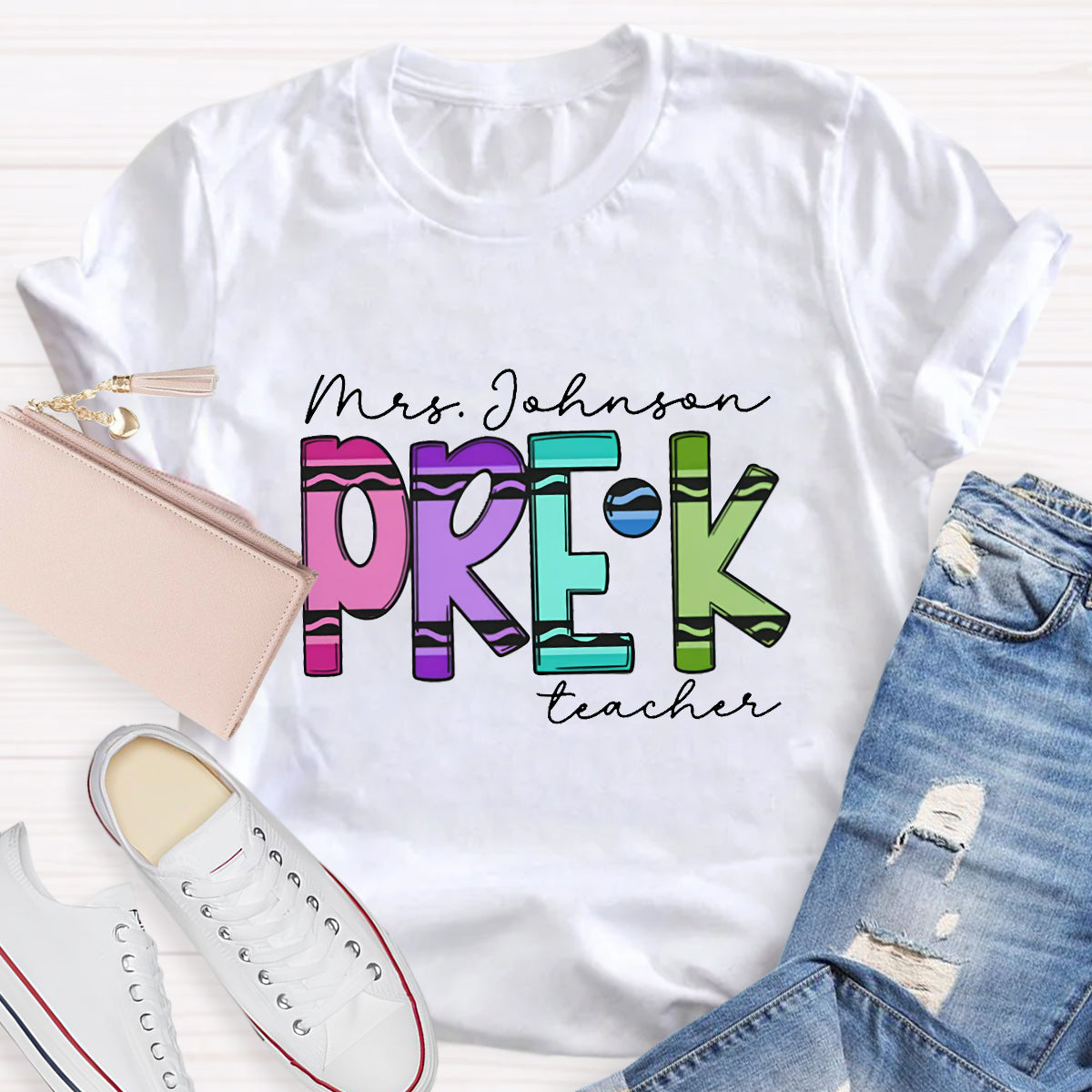 Personalized Grade And Name Crayon Teacher T-Shirt
