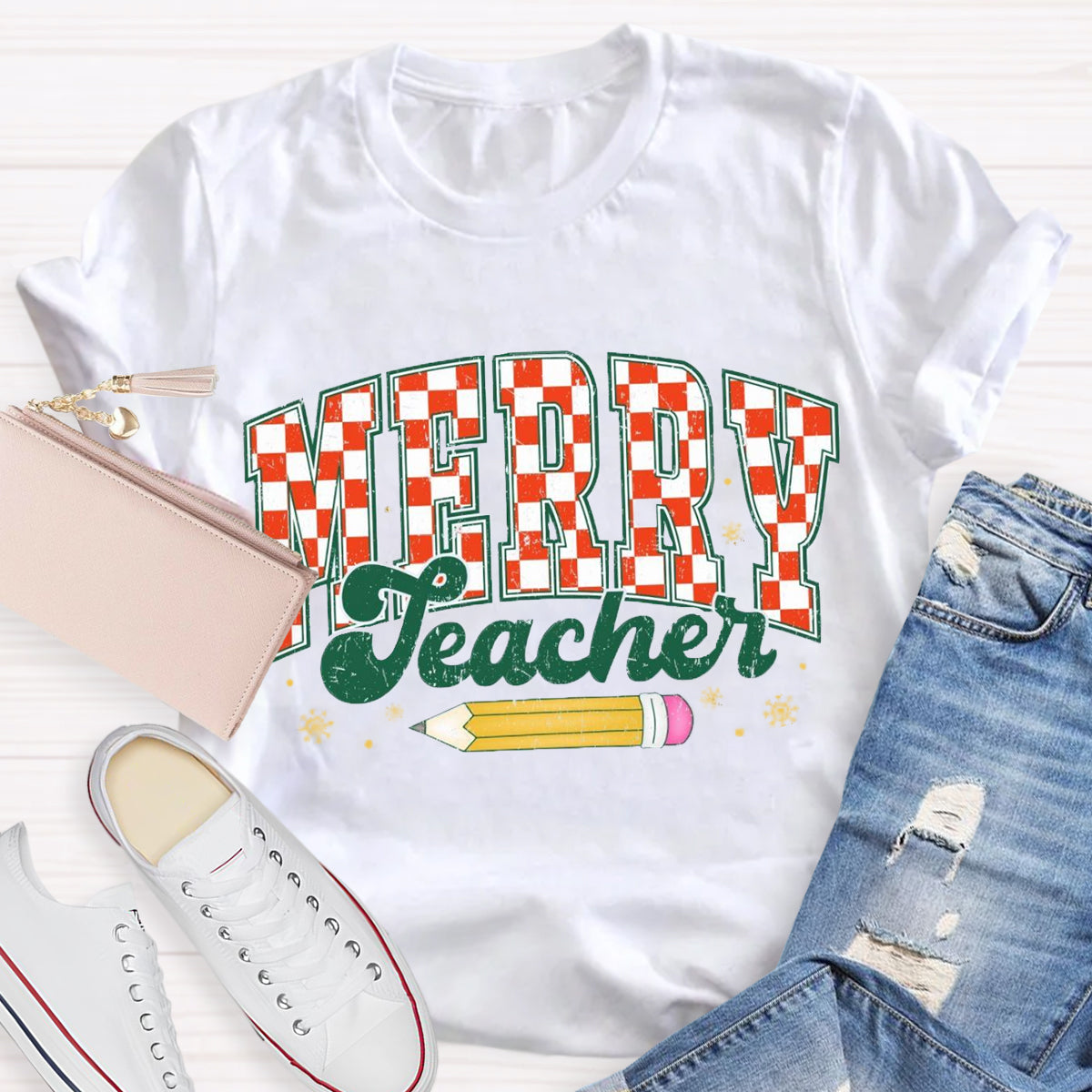 Merry Teacher Plaid Pencil T-Shirt