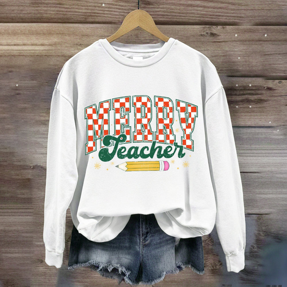 Merry Teacher Plaid Pencil Sweatshirt