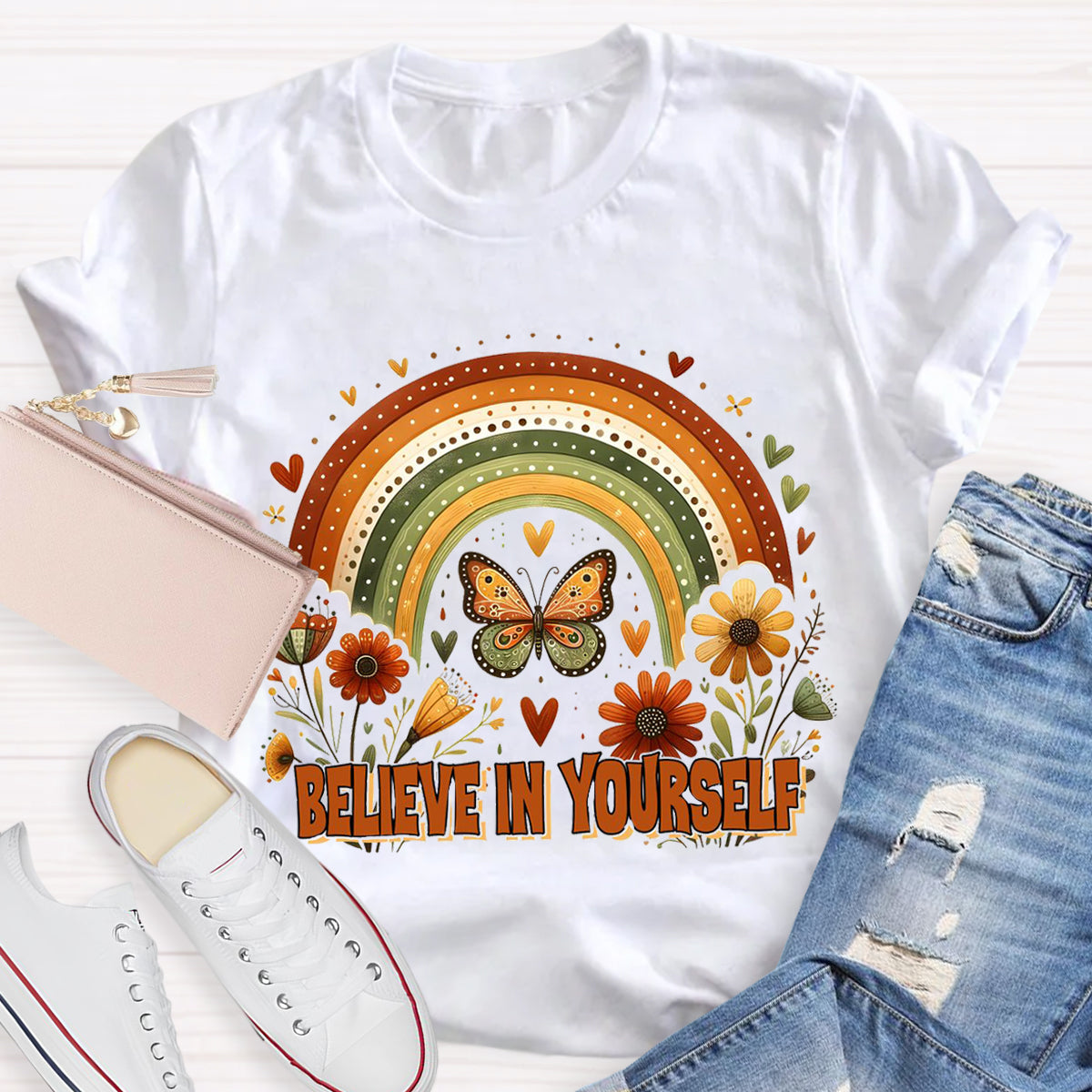 Believe In Yourself Floral Butterfly Teacher T-Shirt