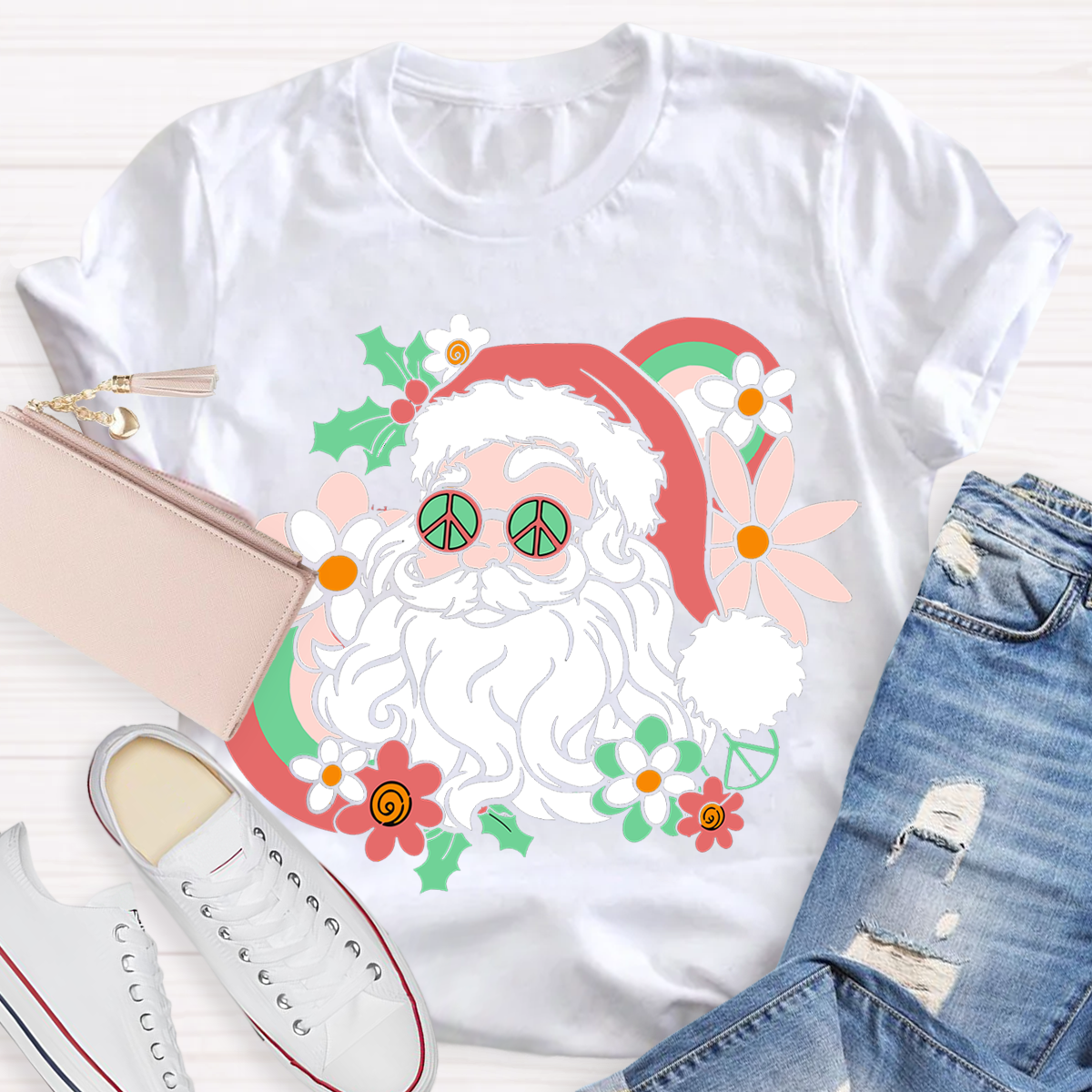 Hippie Santa Groovy Peace Christmas Teacher T-Shirt