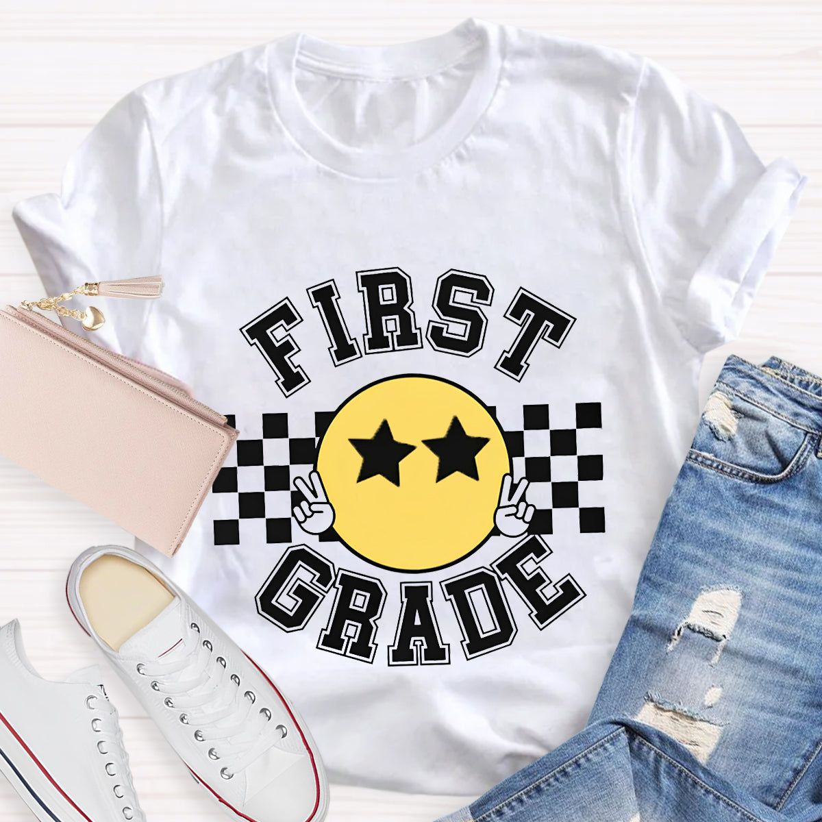 Personalized Grade Chessboard Pattern Teacher T-Shirt