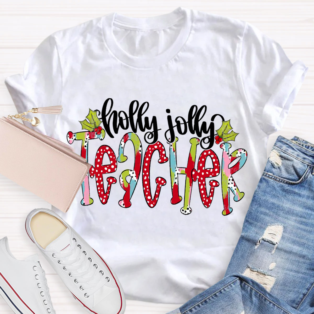 Holly Jolly Teacher Christmas Brushstrokes Dalmatian Dots Hand Lettered Teacher T-Shirt