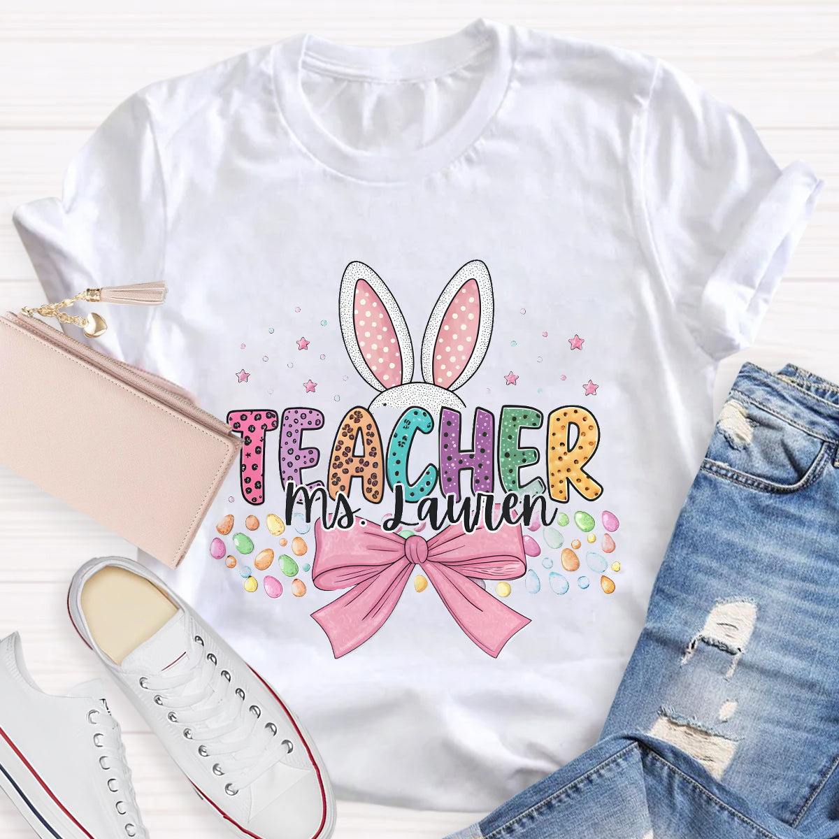 Personalized Name Bunny Teacher T-Shirt