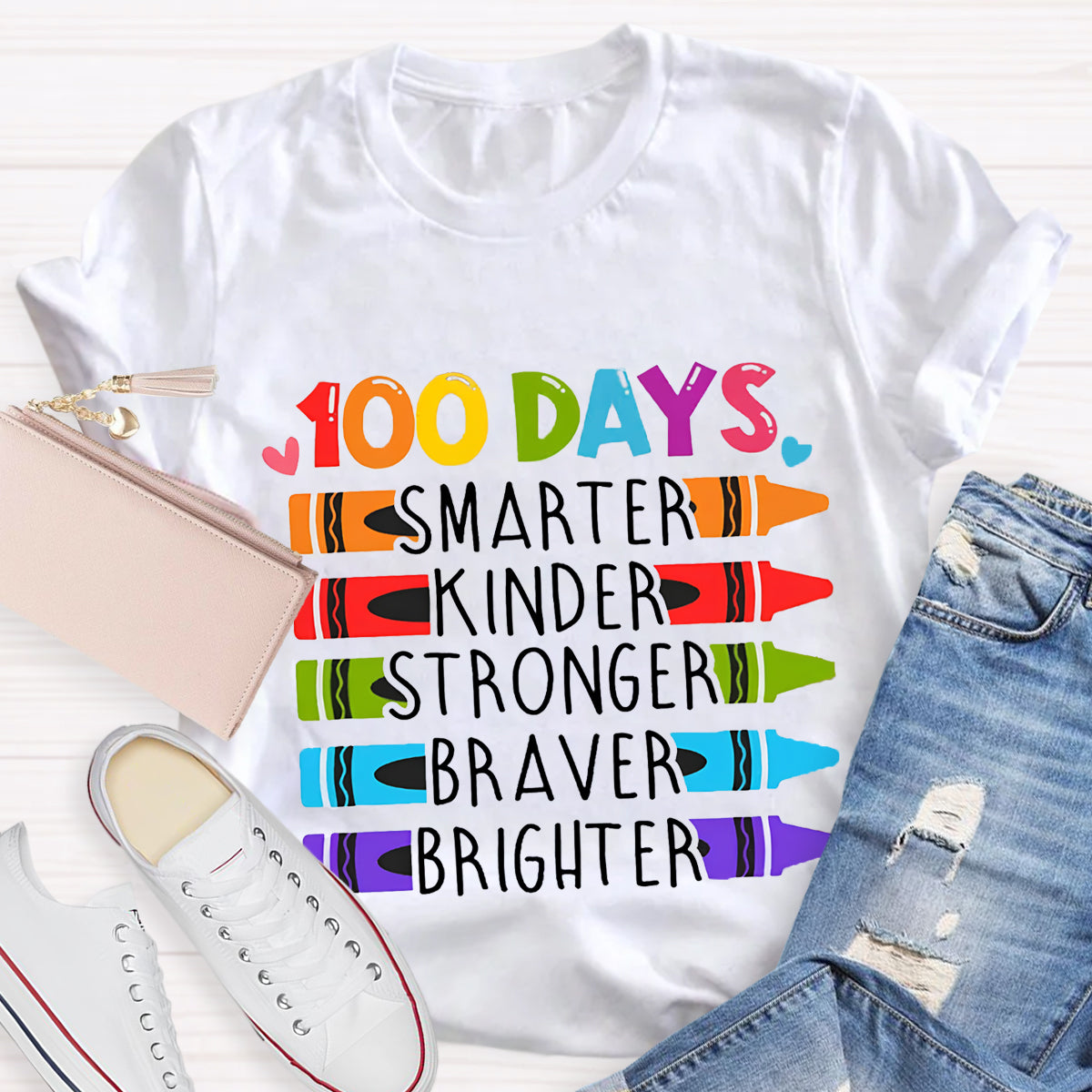 100 Days Smarter Kinder Stronger Crayon T-Shirt