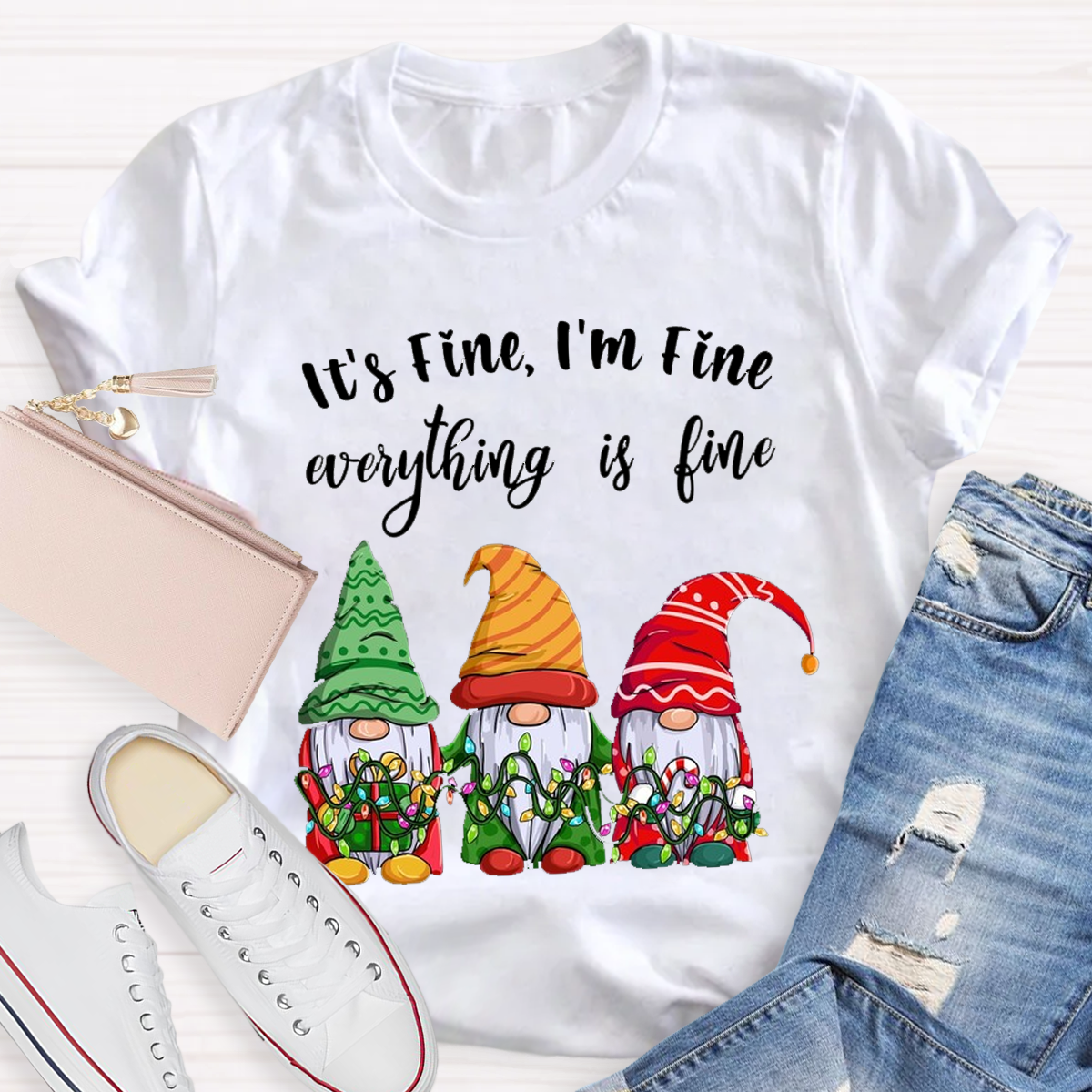 It's Fine I'm Fine Everything Is Fine Gnome Christmas Teacher T-Shirt