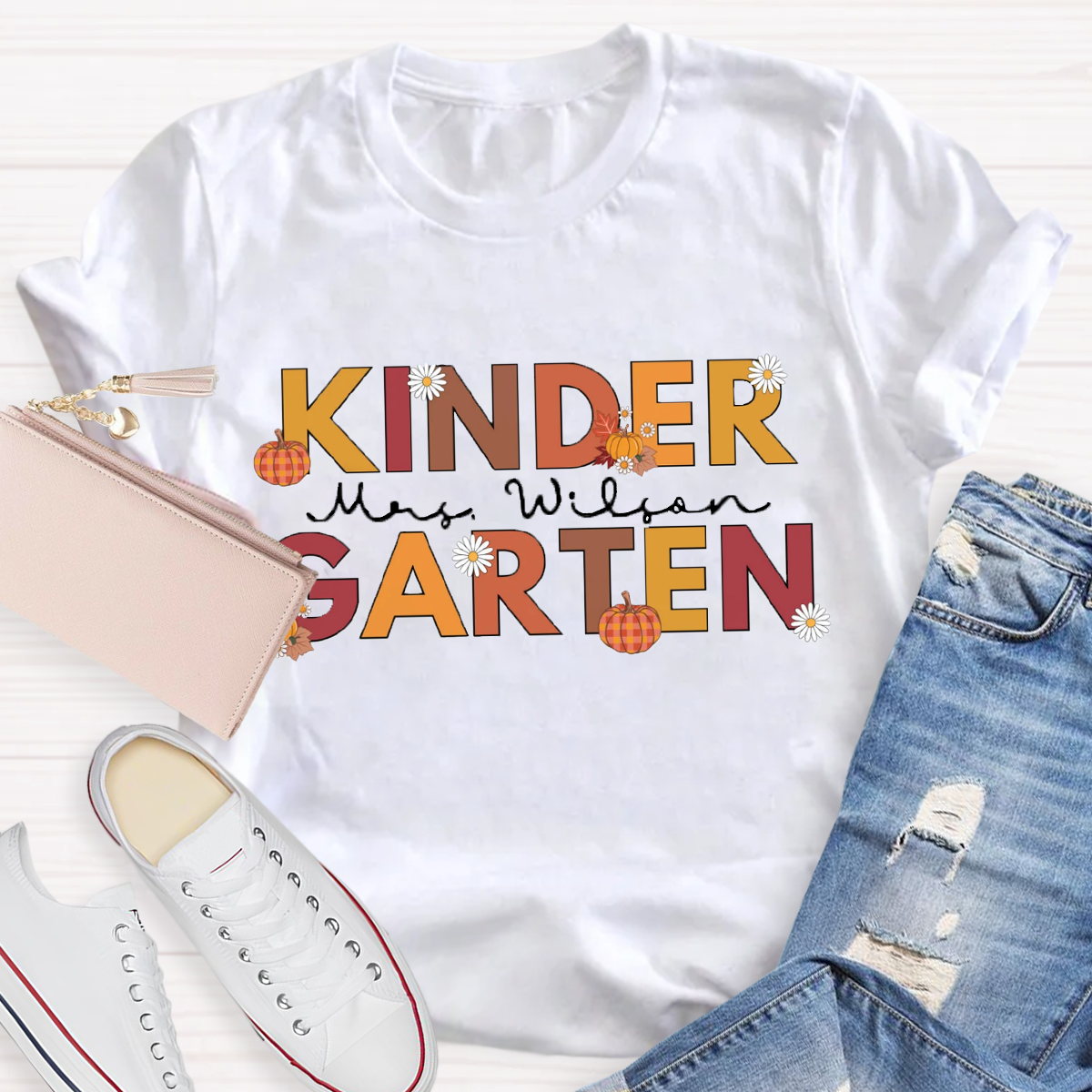 Personalized Name Fall Thanksgiving Kindergarten Teacher T-Shirt