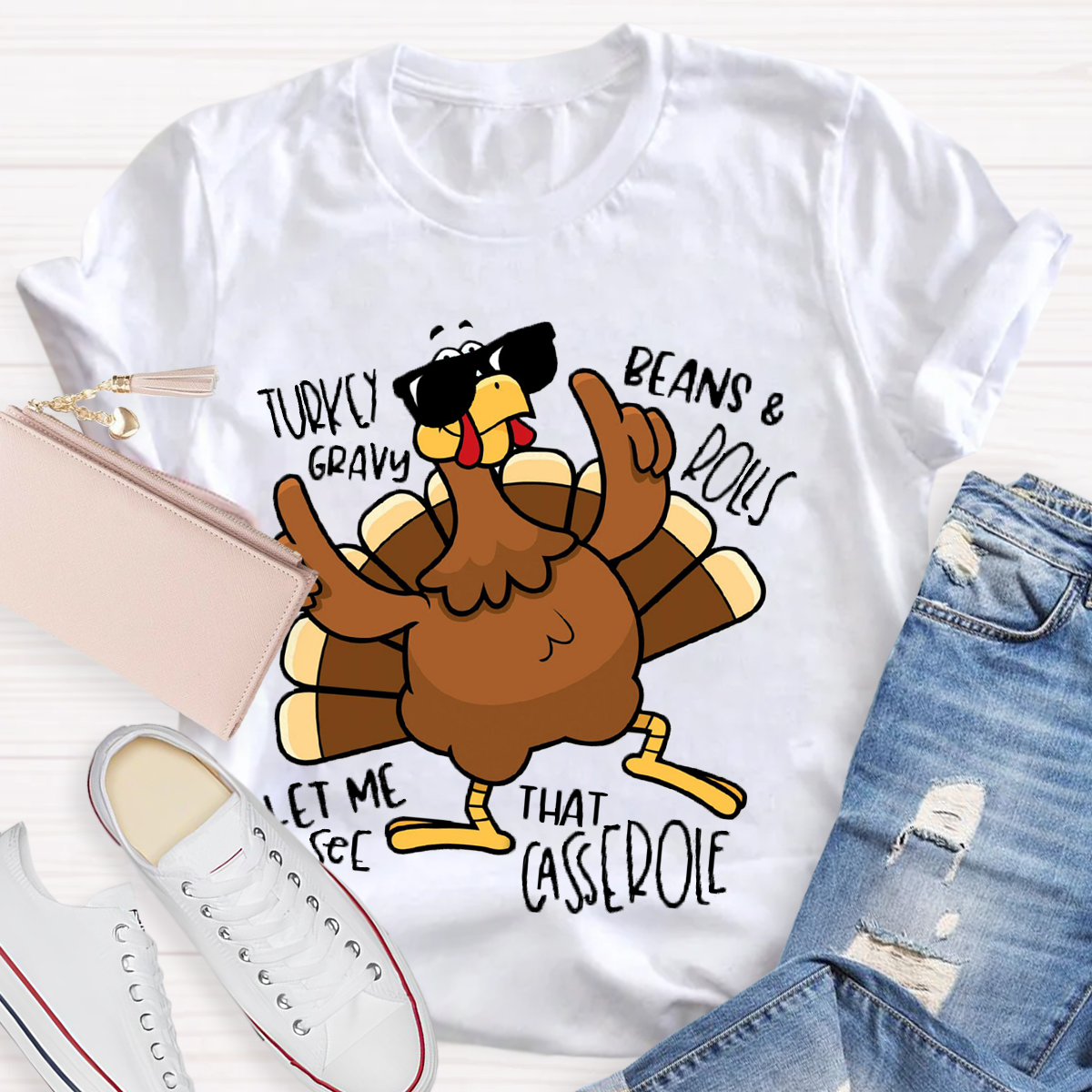 Turkey Gravy Beans Rolls Thanksgiving Teacher T-Shirt