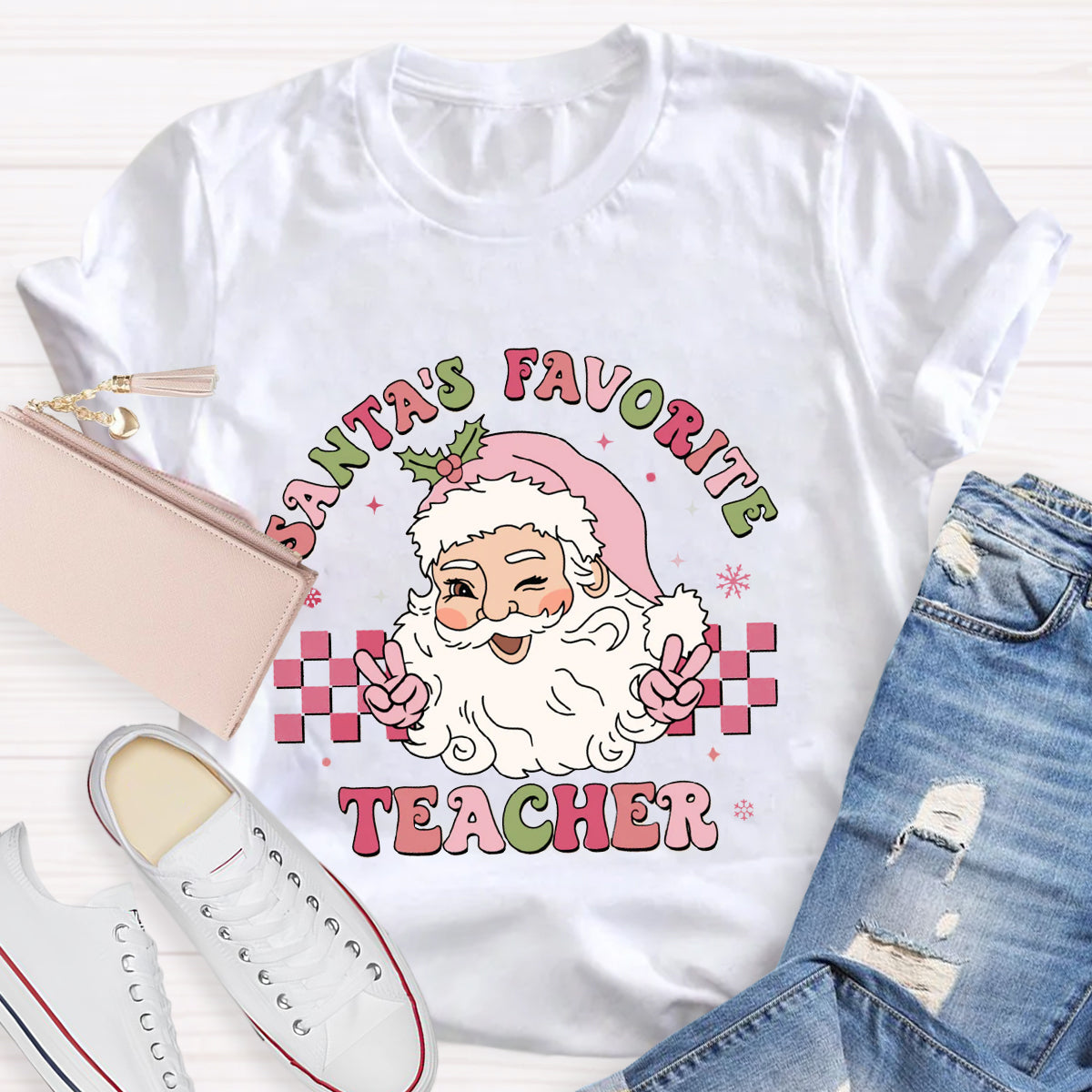 Santa's Favorite Teacher Pink Santa Claus T-Shirt