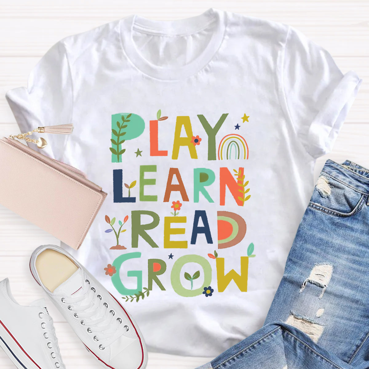 Play Learn Read Grow  Teacher T-Shirt