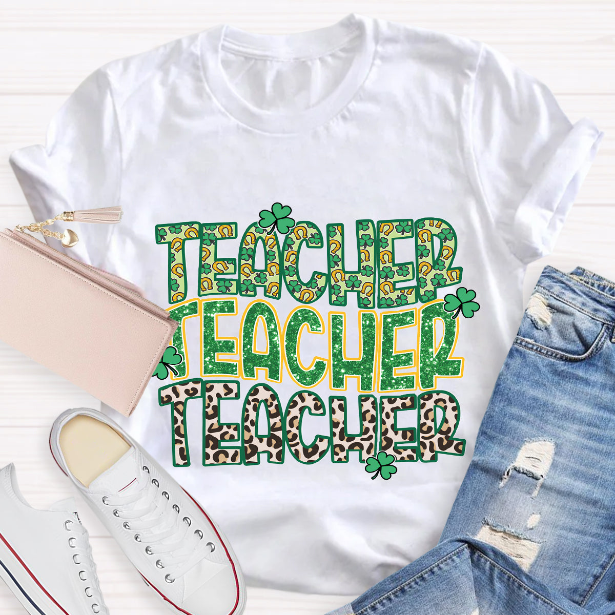 Green Clover Leopard Print Design Teacher T-Shirt