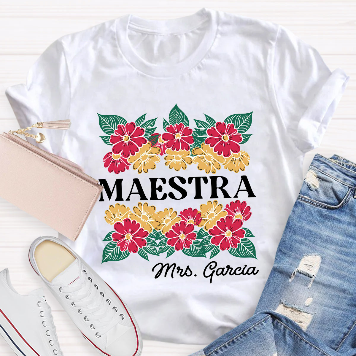 Personalized Name Floral Spanish Teacher T-Shirt