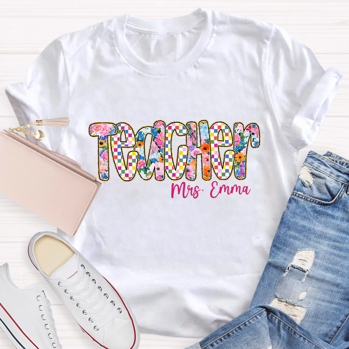 Personalized Name Pink Flowers  Teacher T-Shirt