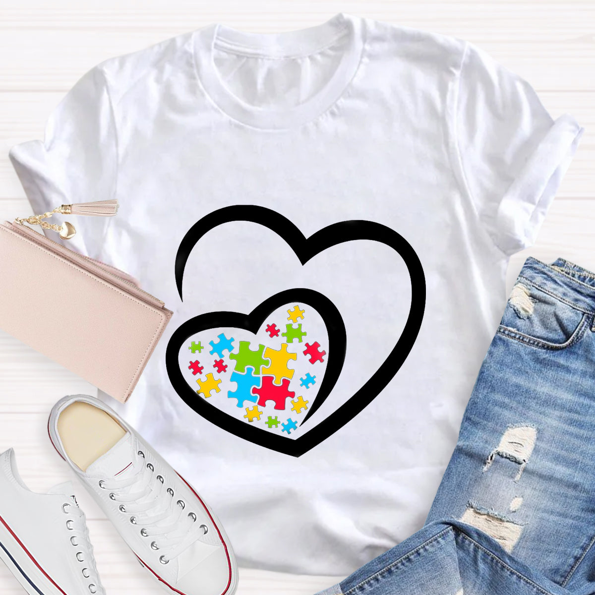 Love Ribbon Heart Puzzle Autism Awareness T-Shirt