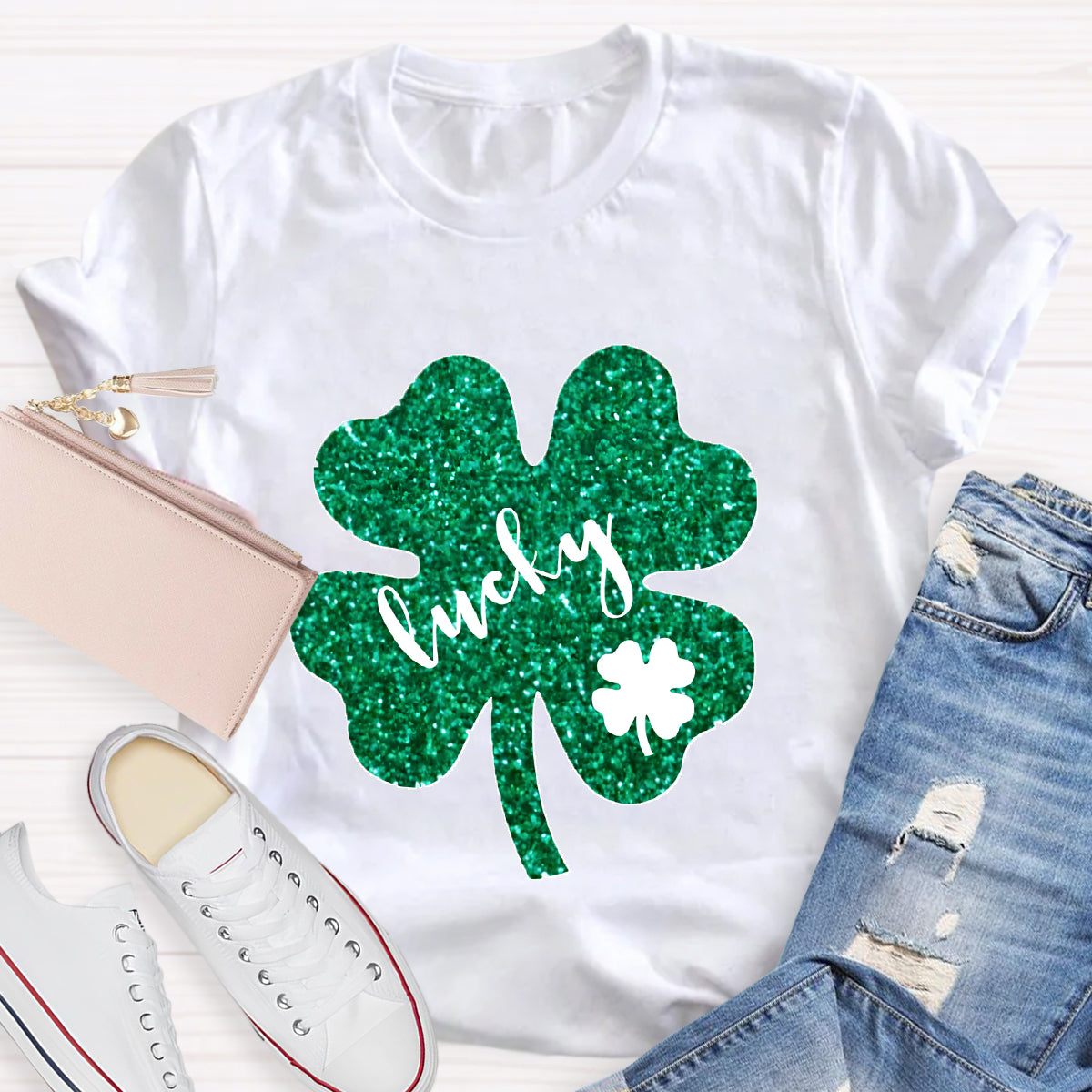 Green Glitter Shamrock Lucky Teacher T-Shirt