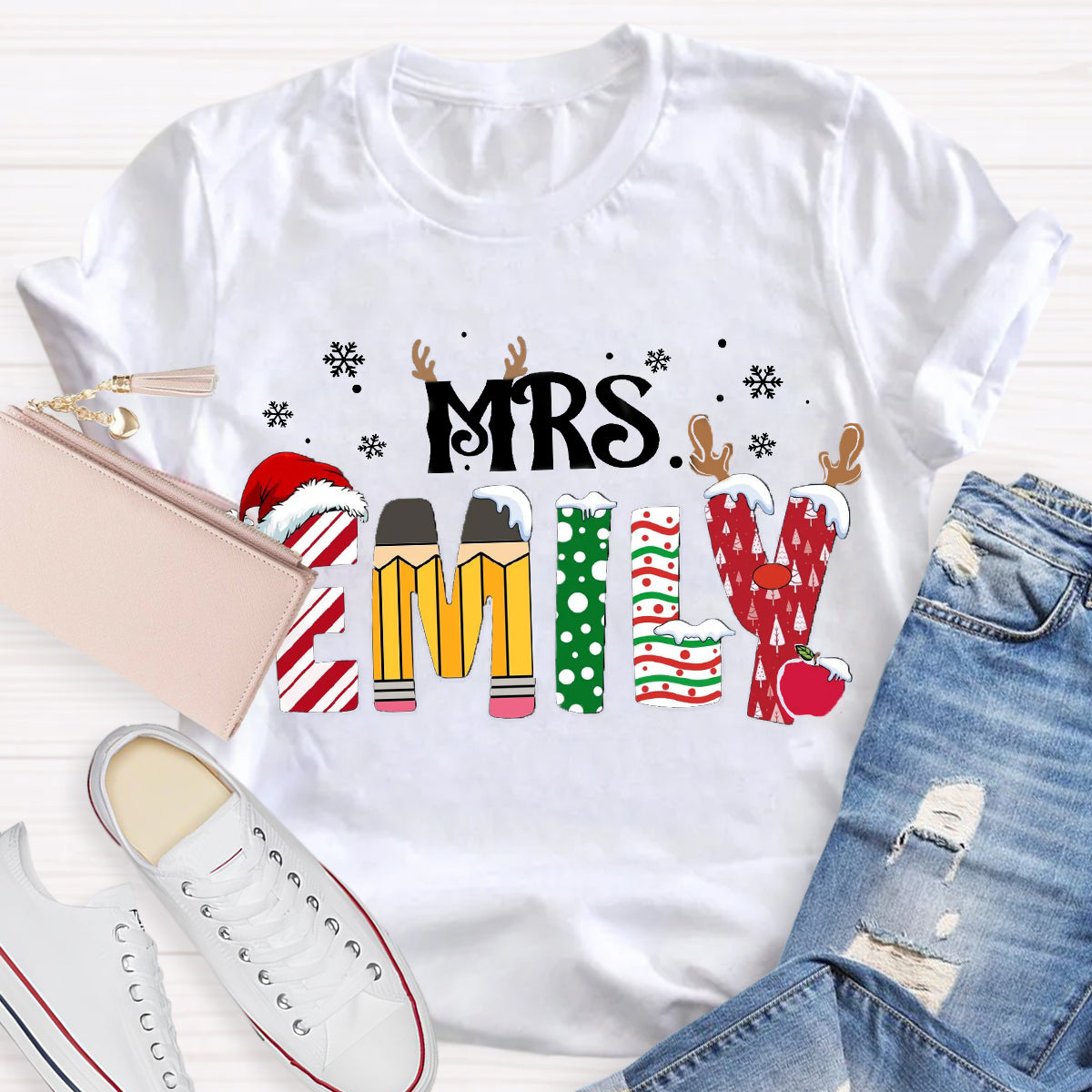 Personalized Name Christmas Teacher Emily T-Shirt