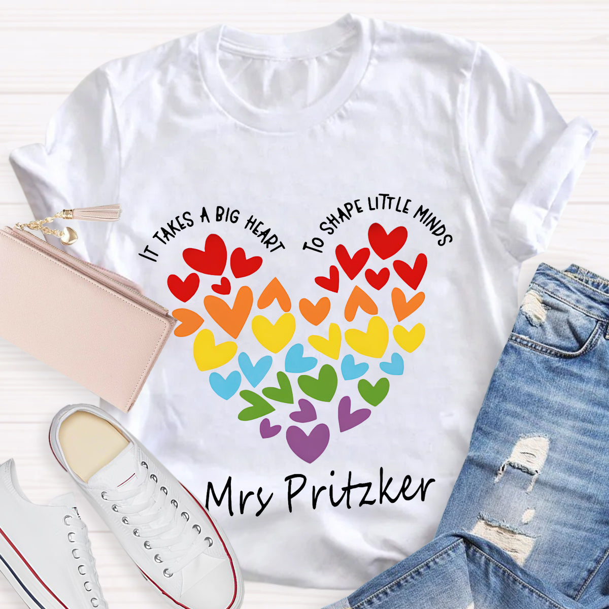 Personalized Name It Takes A Big Heart To Shape Little Minds Teacher T-Shirt