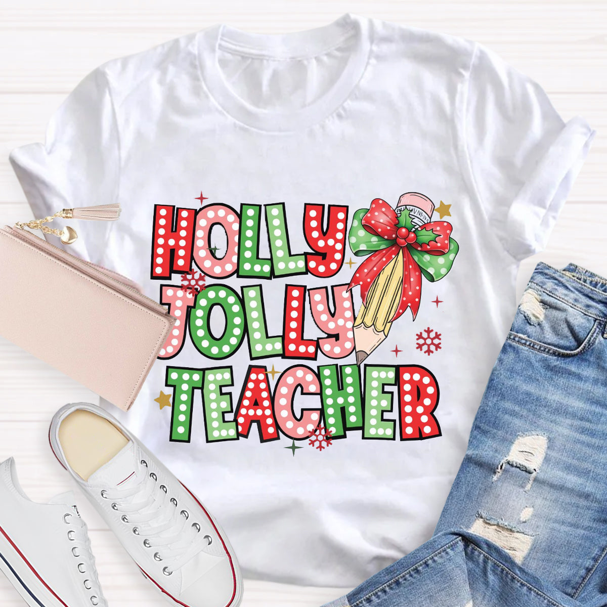 Holly Jolly Teacher Christmas Pencil T-Shirt