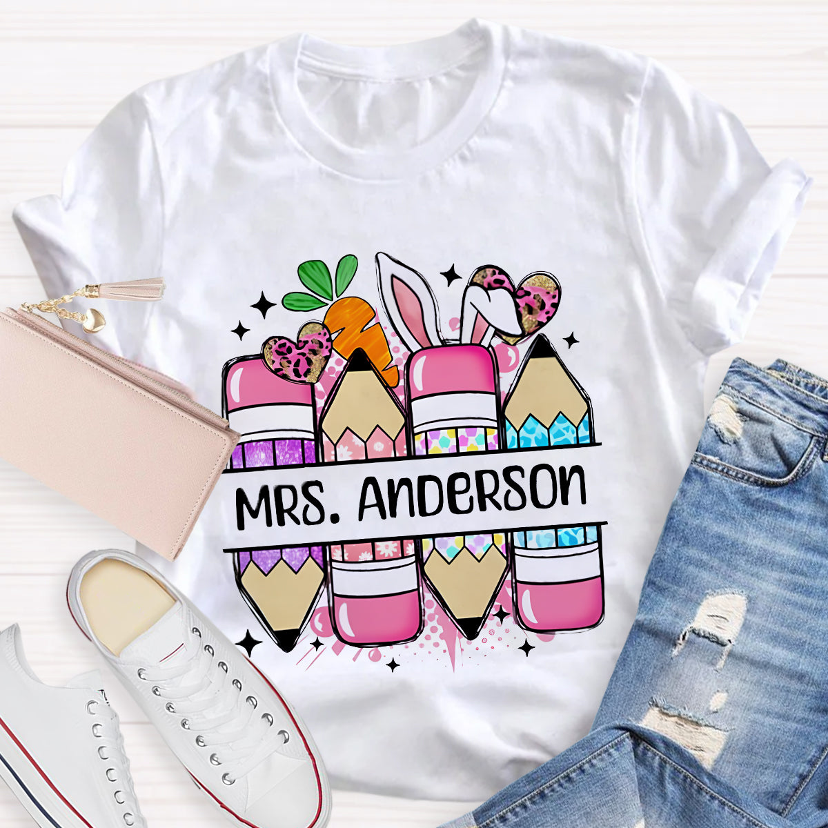 Personalized Name Cute Easter Pencils Teacher T-Shirt