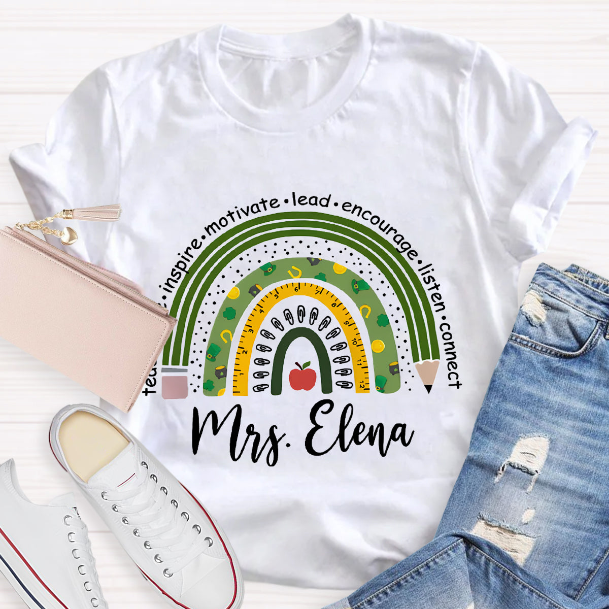 Personalized Name Green Rainbow Teach Love Inspire T-Shirt