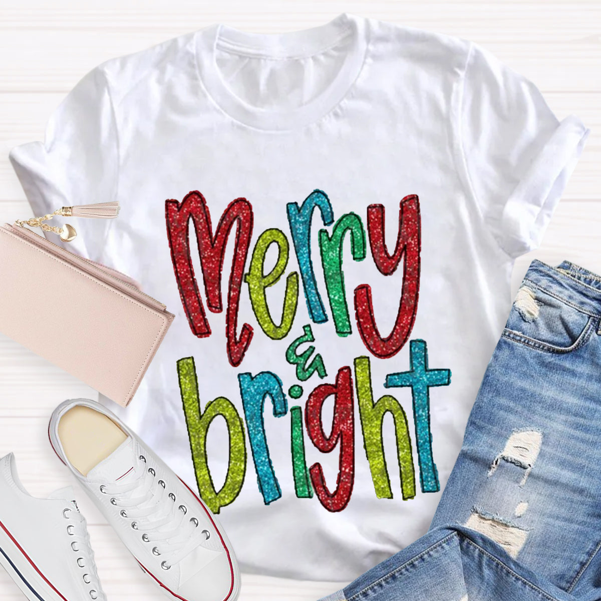 Glitter Merry And Bright Teacher T-Shirt