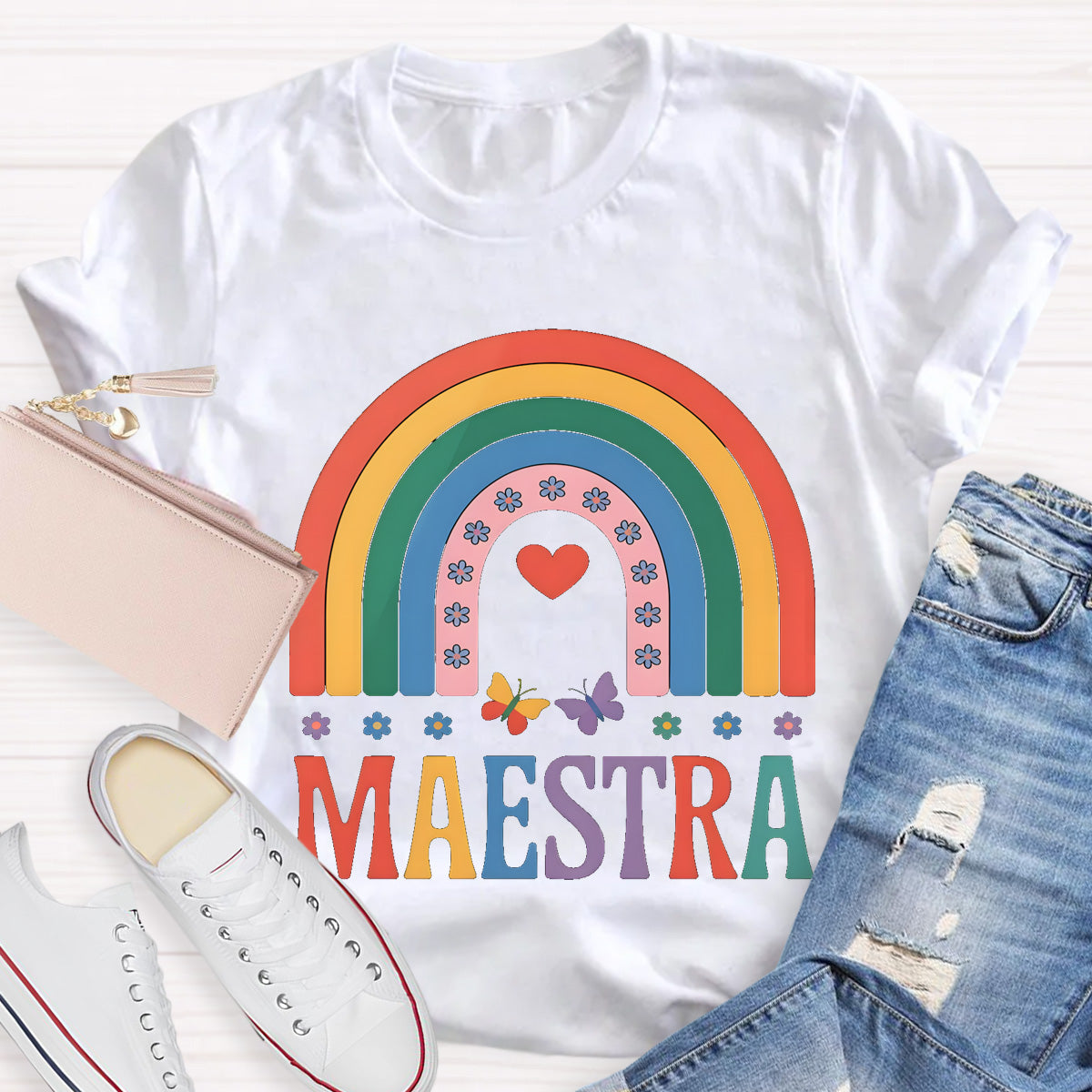 Rainbow Butterfly Maestra Bilingual Teacher T-Shirt