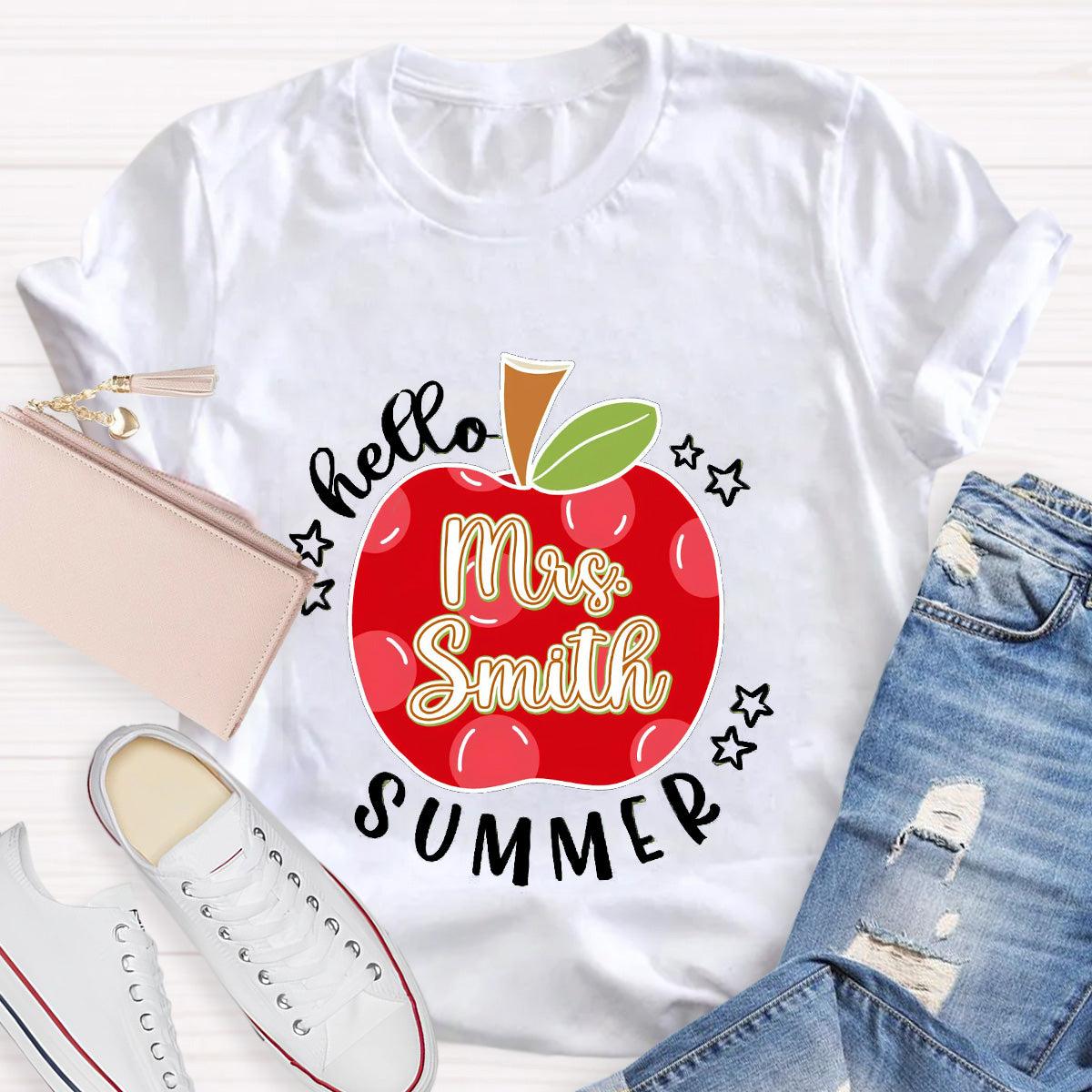 Personalized Name Apple Hello Summer Teacher T-Shirt
