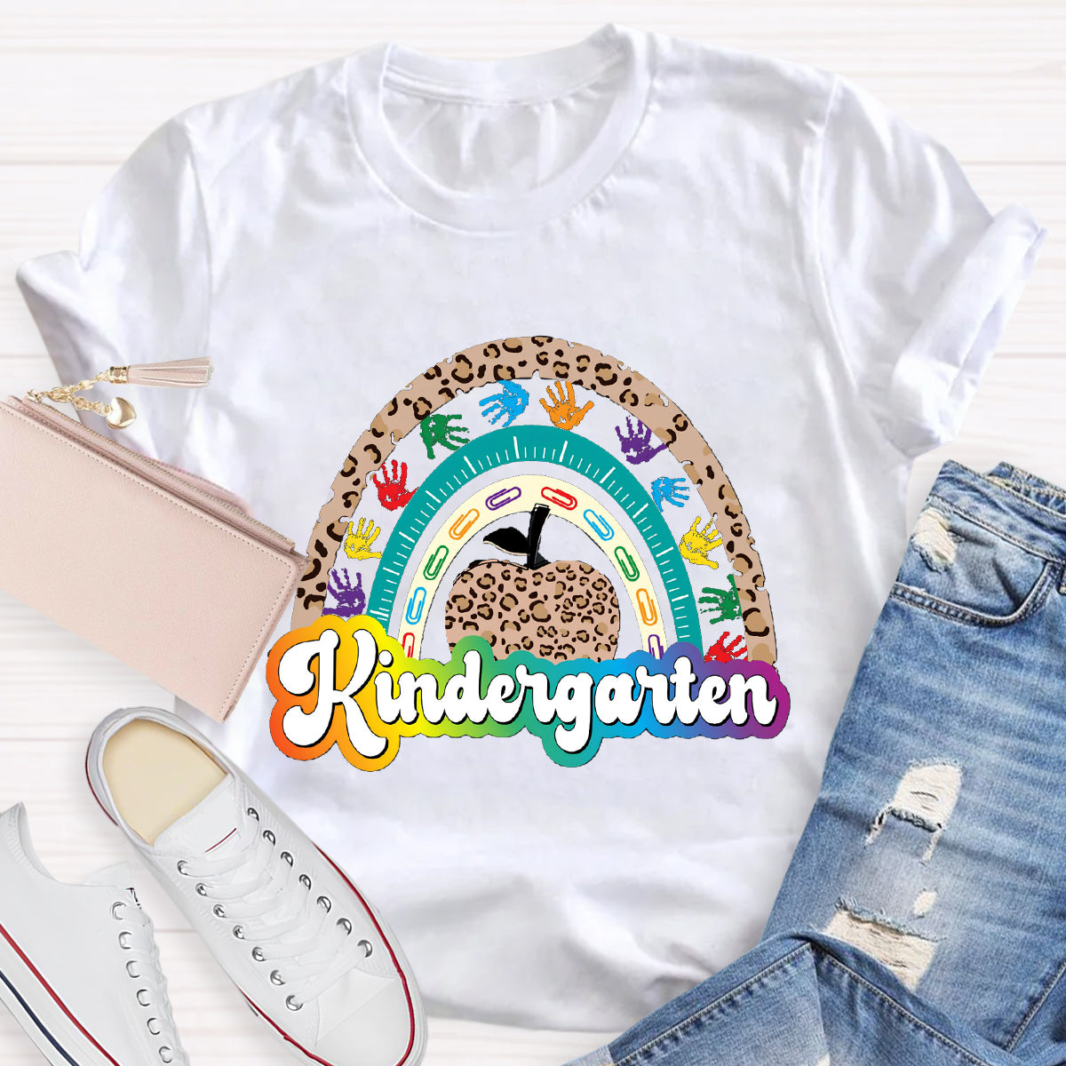 Personalized Grade Leopard Apple Rainbow Teacher T-Shirt