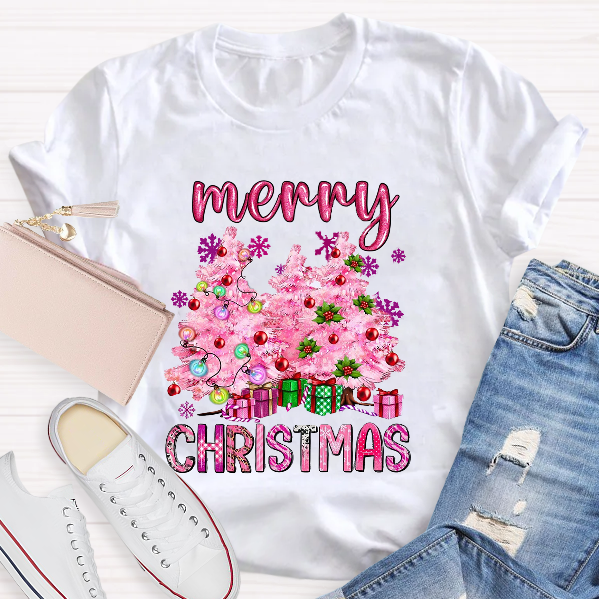 Pink Tree Christmas Teacher T-Shirt