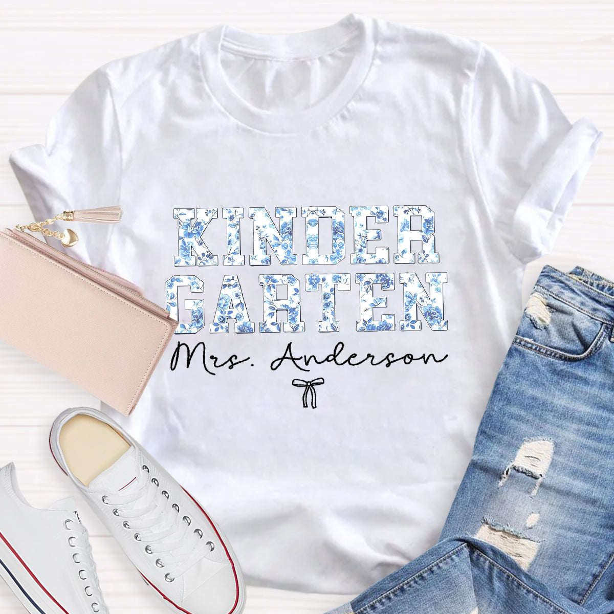 Personalized Kindergarten Teacher Name Blue Flower T-Shirt