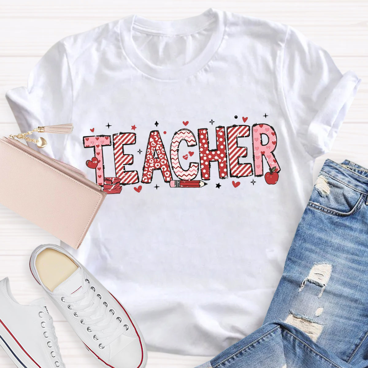 Valentine's Day Pink Heart Pencil Teacher T-Shirt