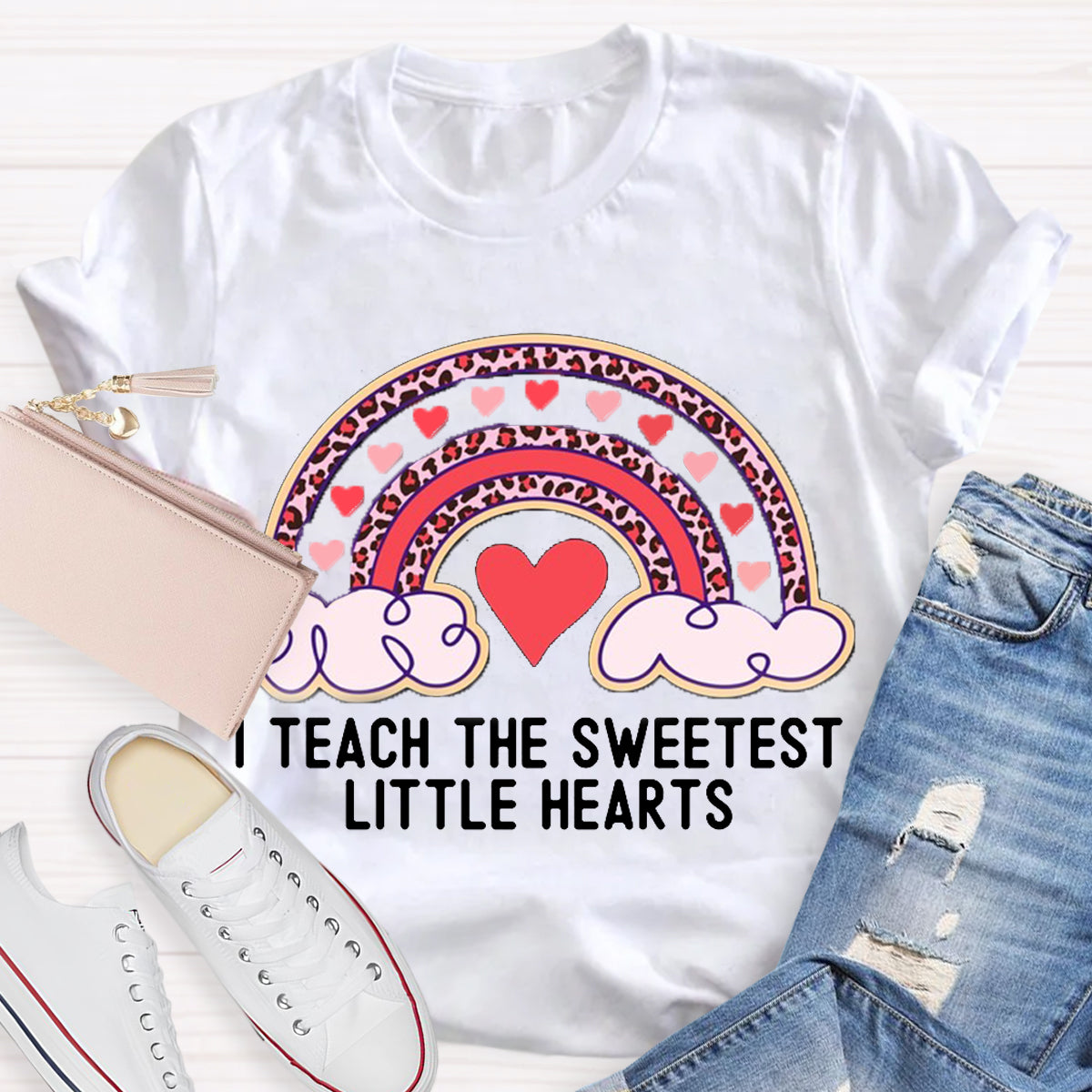 I Teach The Sweetest Little Hearts Rainbow Teacher Valentines Day T-Shirt