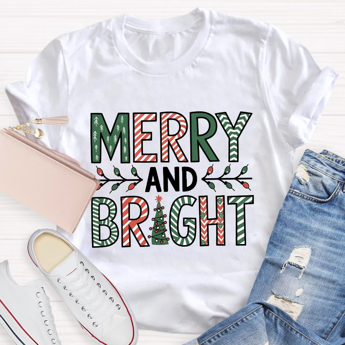 Merry And Bright Christmas Tree Teacher T-Shirt