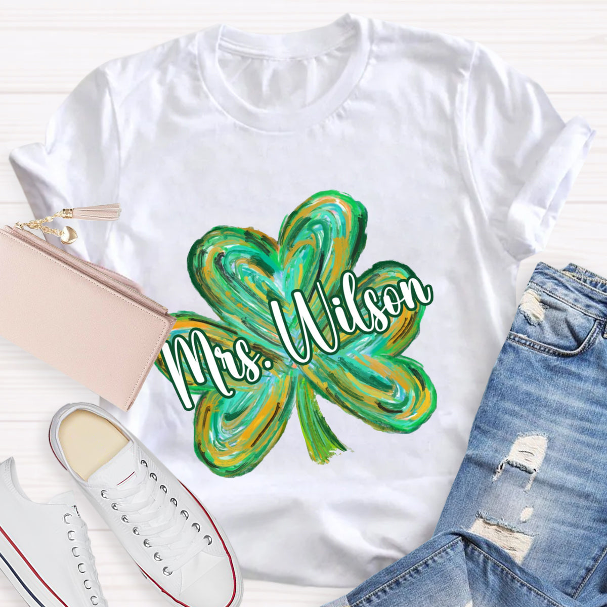 Personalized Name Colorful Shamrock Teacher T-Shirt