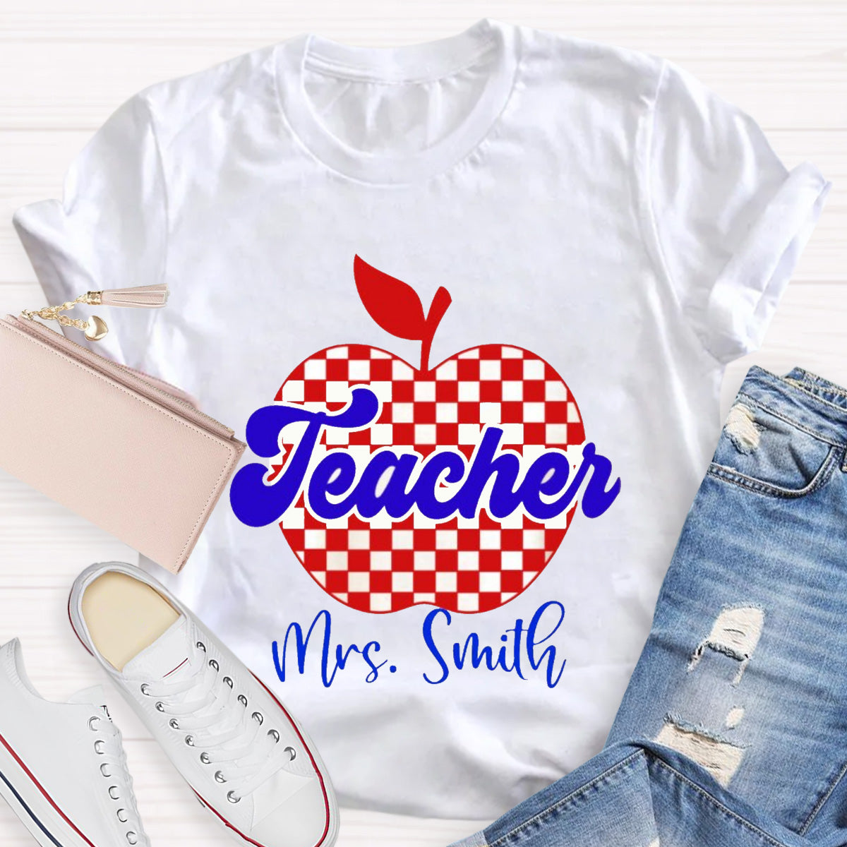 Personalized Name Red Apple Teacher T-Shirt