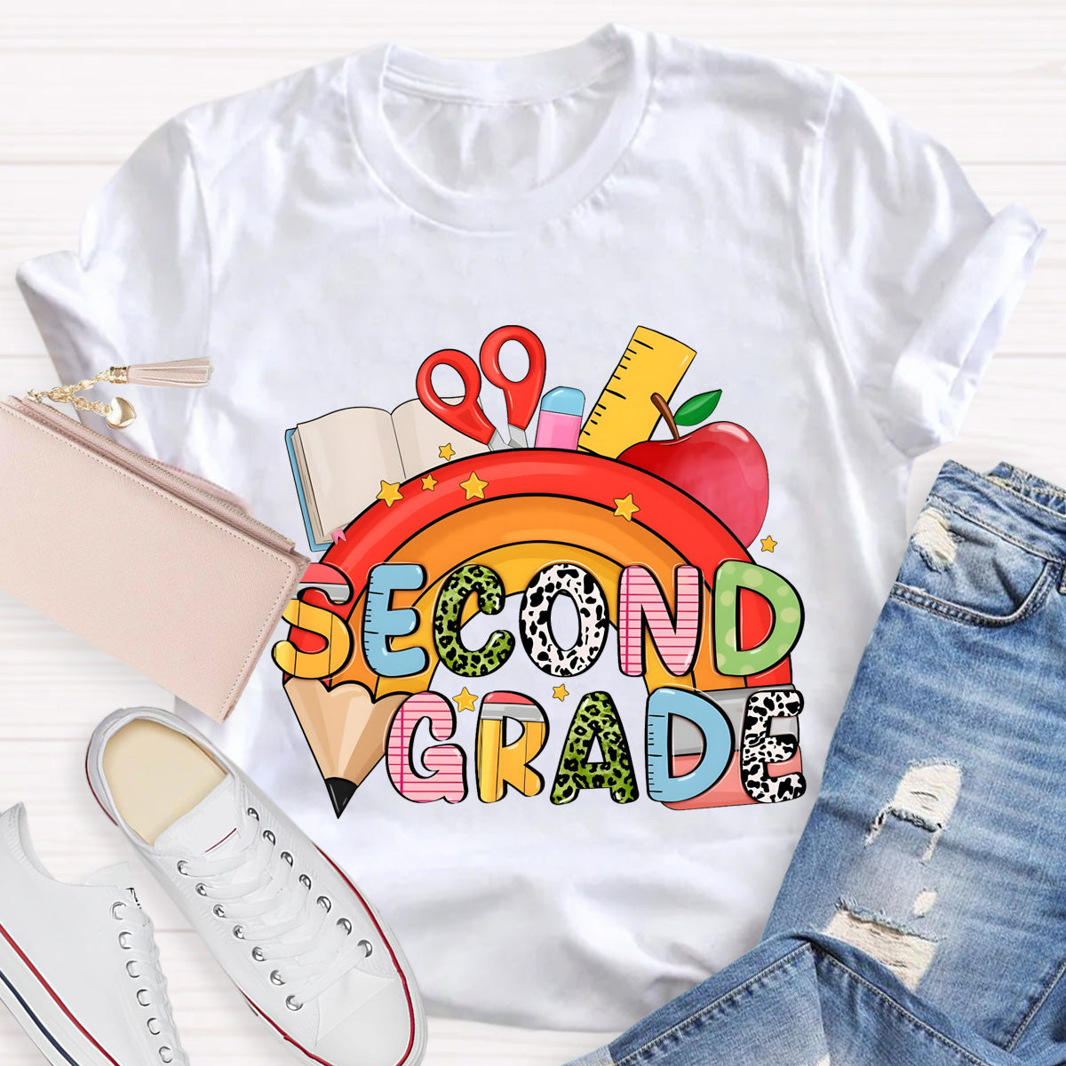 Personalized Grade Pencil Rainbow Second Grade Teacher T-Shirt