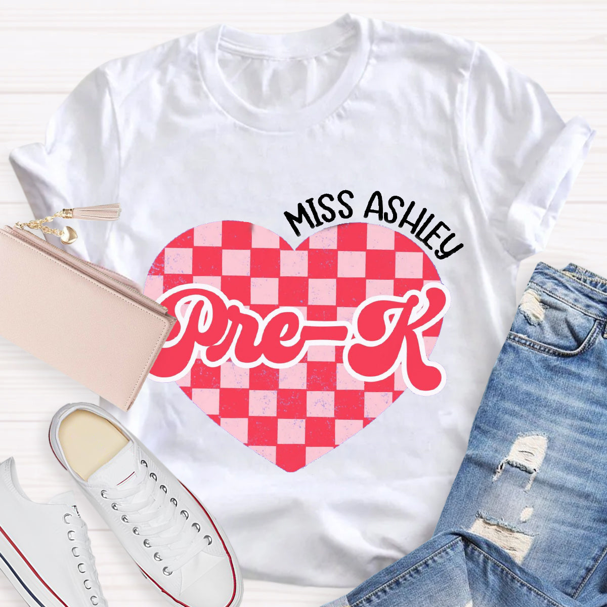 Personalized Name And Grade Pink Heart Teacher T-Shirt