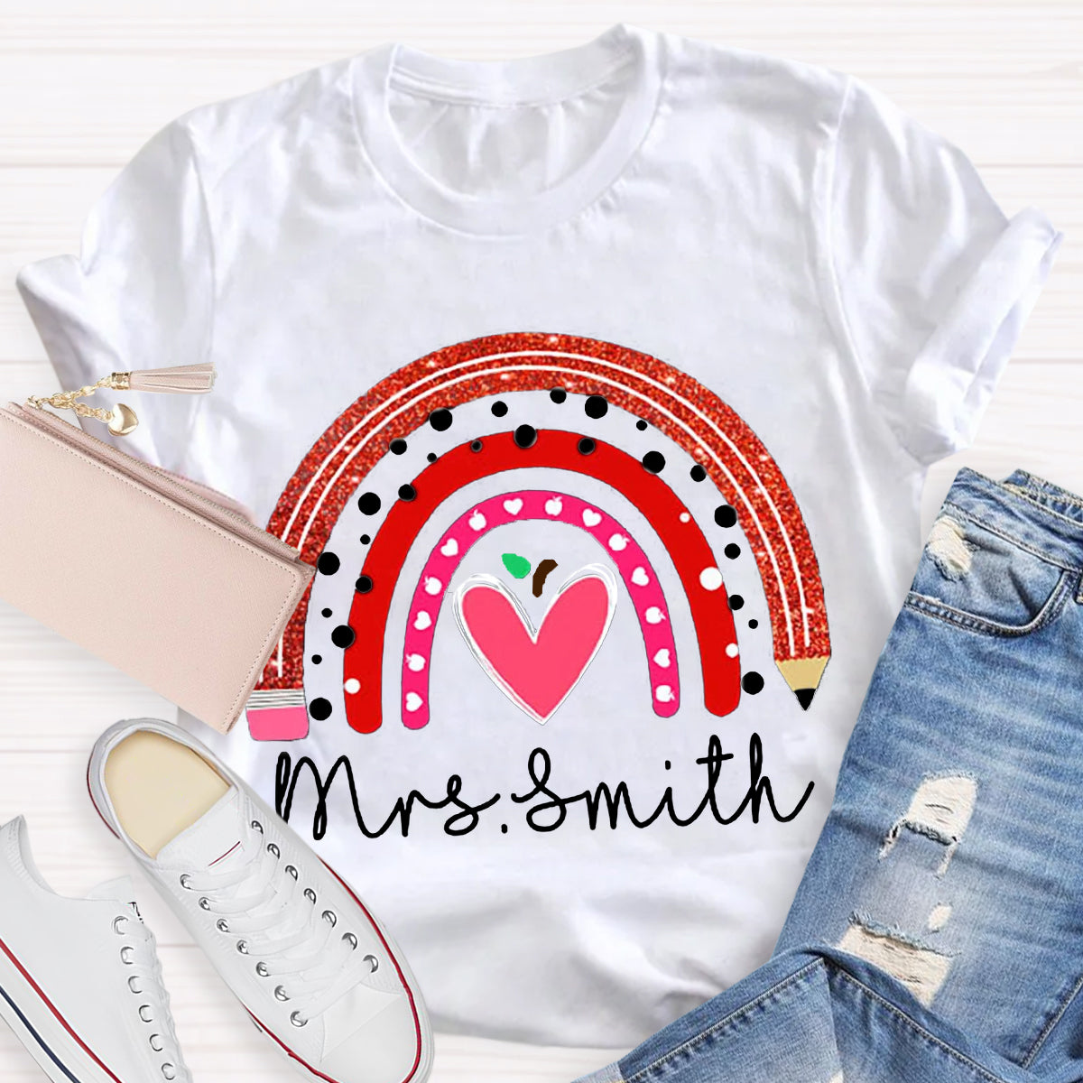 Personalized Name Rainbow Pencil Heart-Shaped Apple Teacher T-Shirt