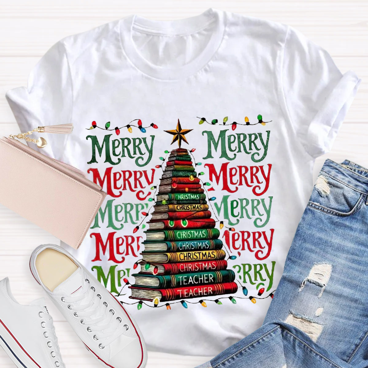 Merry Christmas Book Tree Teacher T-Shirt