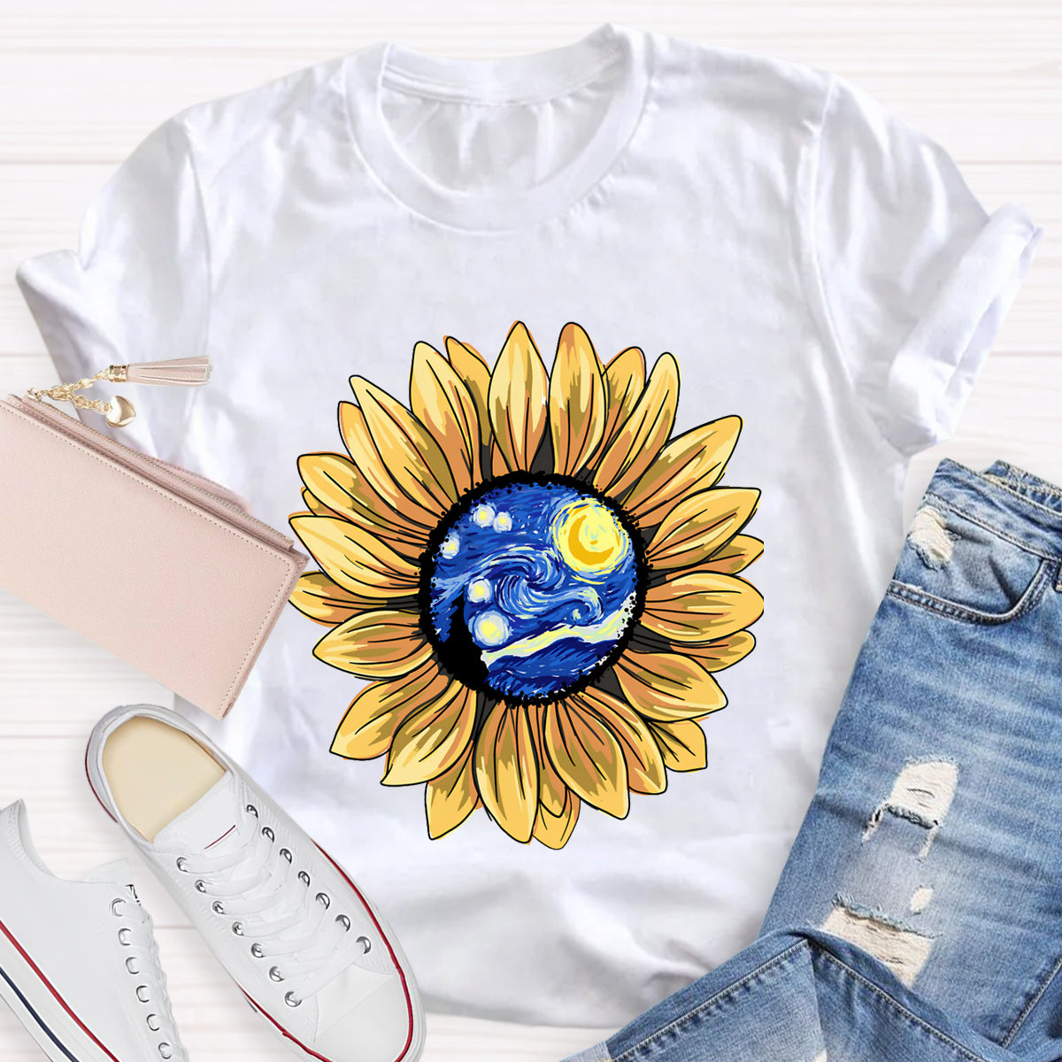 Starry Sky Art Sunflower Teacher T-Shirt