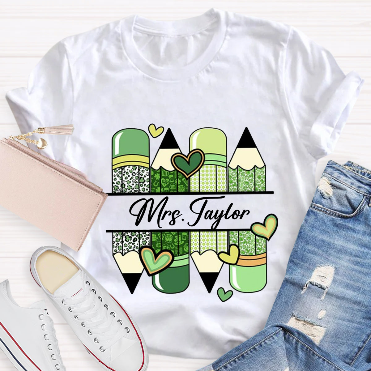 Personalized Name Green Heart Pencil Teacher T-Shirt