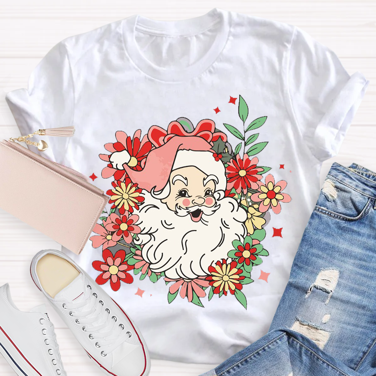 Flower Design Santa Christmas Teacher T-Shirt