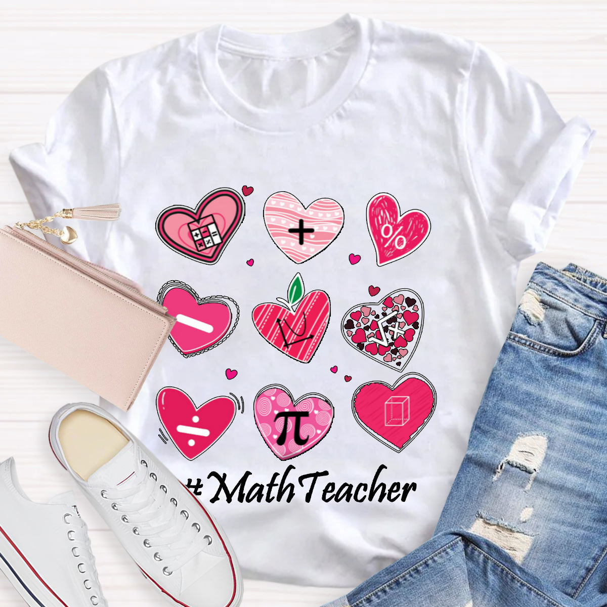 Pink Heart Math Symbols Teacher T-Shirt